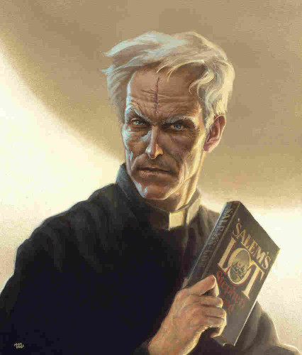 A bust portrait of Father Callahan in clerical garb slightly turned as he holds a copy of SALEM'S LOT, cocked at his opposite shoulder as if ready for a backhand swing. His lips hold a tight line and eyebrows arch as blue eyes bore into the viewer. His white hair is windblown, sweeping above a high forehead etched roughly with a cross-shaped scar. Light hits from either side, highlighting high cheekbones and a face etched with wrinkles. 
