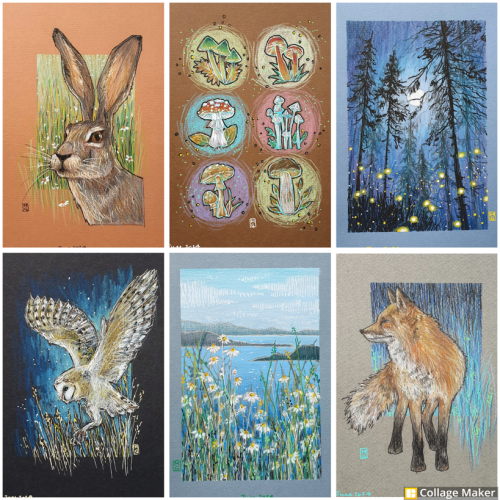 A photo collage of my new artworks added this week.  A portrait of a hare, 6 mini mushroom portraits, a night landscape with fireflies, a barn owl, a seascape and a red fox.