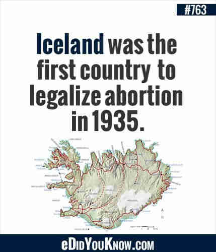 Infographic stating "Iceland was the first country to legalize abortion in 1935" with a map of Iceland below the writing.