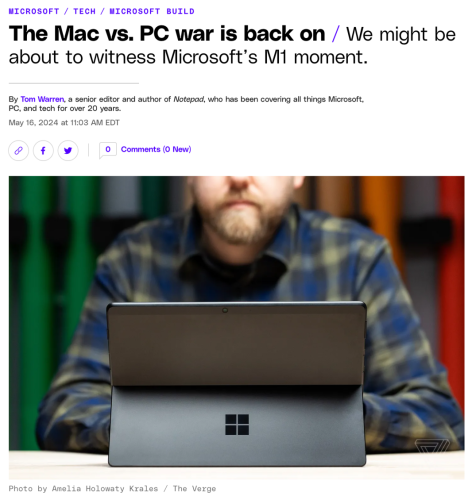 The verge headline: “The Mac vs. PC war is back on”