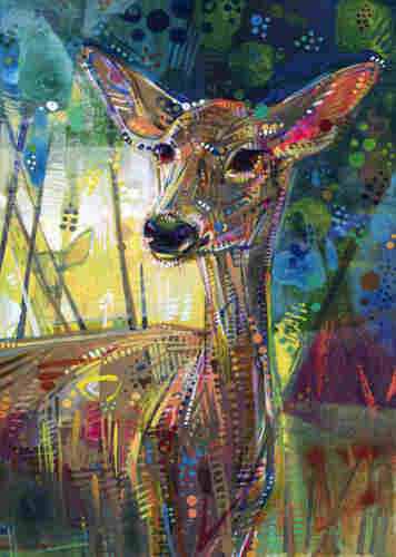painting of a deer with another one int he background, barely visible