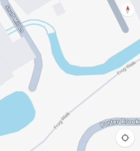 Google Maps screenshot showing part of Sheffield. A winding river threads through the middle and two streets are labelled 'Snuff Mill Lane' and 'Porter Brook View'. Alongside the river runs a footpath labelled 'Frog Walk'.