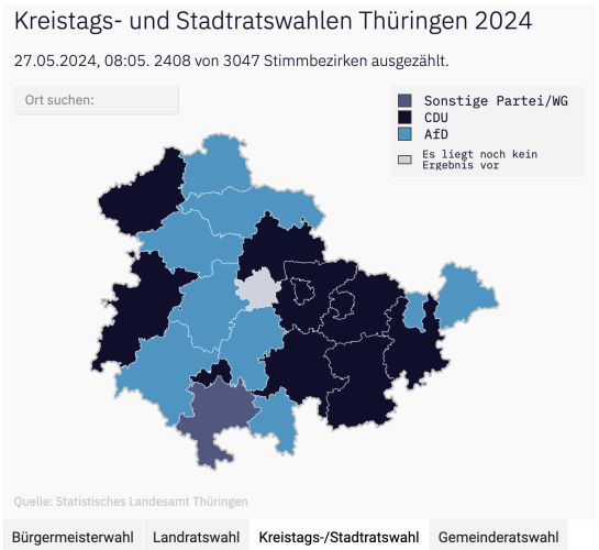 Darstellung der Wahlergebnisse der Kreistags- und Stadtratswahlen Thüringen 2024. Eine große Zahl an Bezirken zeigt Wahlerfolge der AfD.