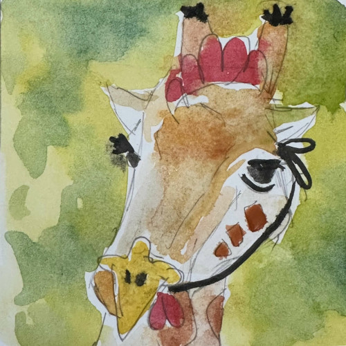 Giraffe head with beak, waddle, and comb.