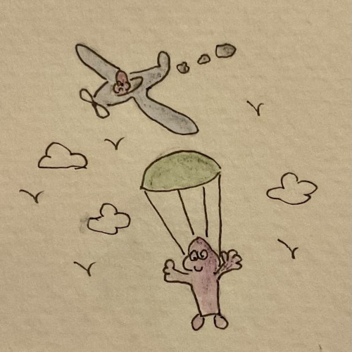 A cute hand-drawn illustration of a person parachuting from an airplane, surrounded by clouds. In the background is an old-fashioned plane with a grumpy looking person inside.