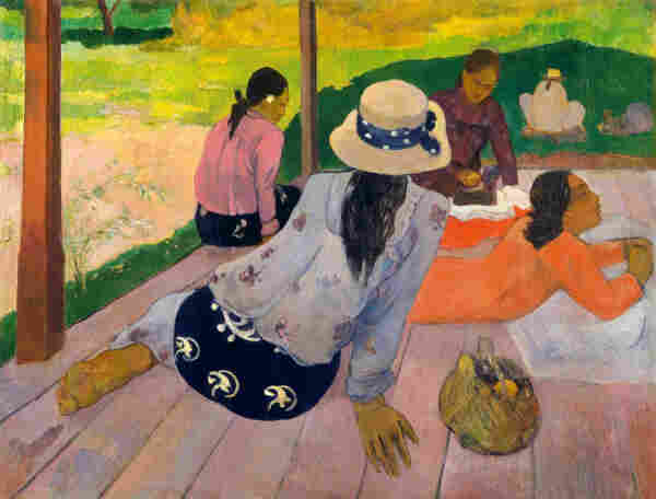 A group of women is depicted in a relaxed outdoor setting. Luminous colors are used to create a vivid depiction of the natural surroundings and the women's garments.