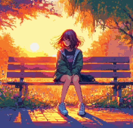 Girl sitting on a bench in a park (pixel art image)