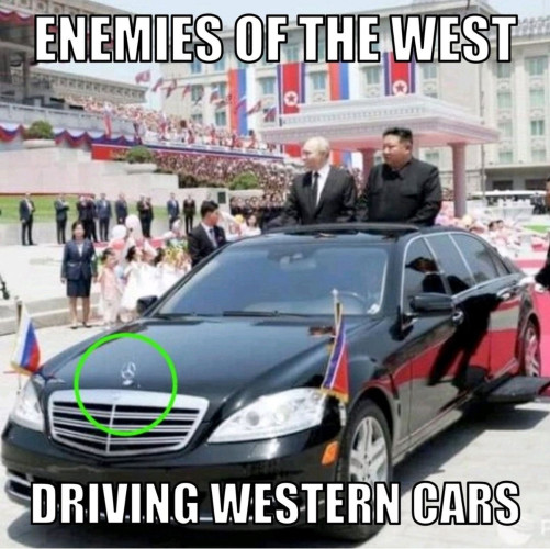 Kim and Putin standing in a Mercedes driving on a parade. The Mercedes logo on the car is marked in green. There’s an inscription which says “Enemies of the West – Driving western cars.”