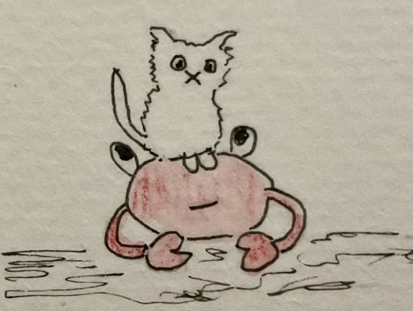 A drawing of a cat sitting on top of a crab. Cat doesn’t look too happy.