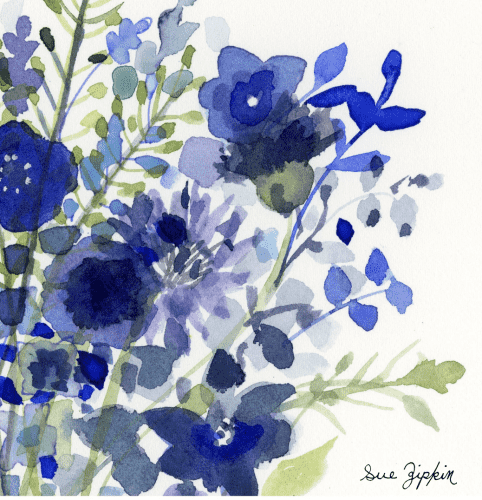 Blue flowers on a white background. They are painted in a very loose, watercolor style. There are some abstract floral shapes and some other buds and leaves. Some of them are Delphinium. 


 