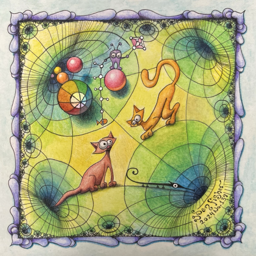 Colorful drawing of a gridded surface of holes that become a fractal of tiny holes as they reach the square border. Two cats sit on the surface looking at each other. A few spherical planets float above the surface and fall into one of the holes. An alien stands on one of the planets looking down at a cat while holding a drop line with a fish at the end and a contraption in the other hand. A lizard is entering one of the holes. One of the planets is a color wheel with a shimmering rainbow if mica paint. 
