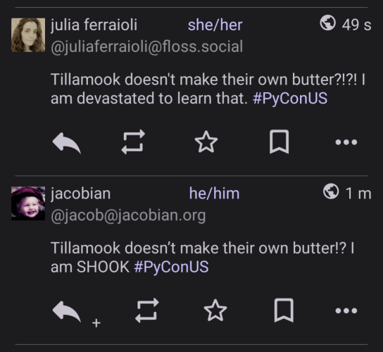 a screenshot from Mastodon that shows Julia (from Seattle) and Jacob (from... Oregon?) both expressing their disgust that Tillamook does not make their own butter.