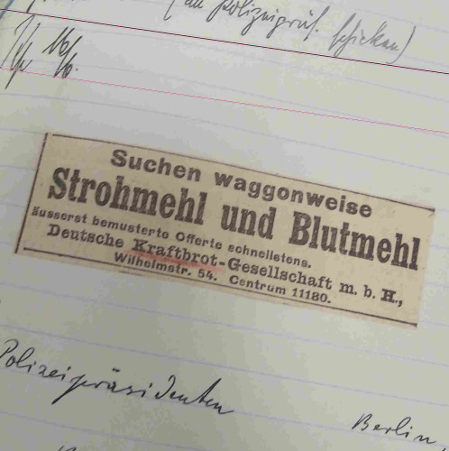 Suchinserat für Stroh- und Blutmehl aus dem Berliner Tageblatt vom 11. Juni 1916 (BArch R86-2210). Foto: Nina Régis, Lizenz CC BY-SA 4.0.