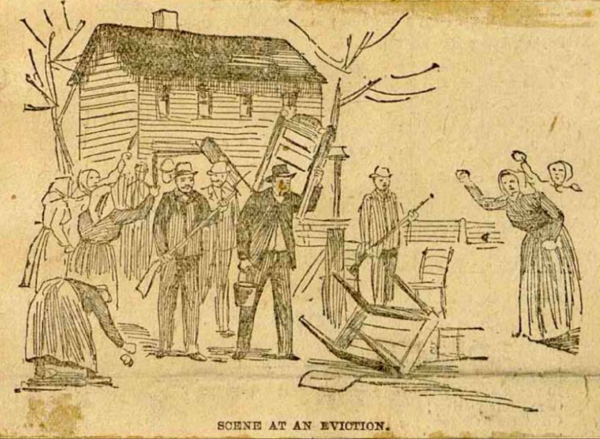 Miners and their families getting evicted at gunpoint from company housing during the strike. By Pittsburg Press - Coal Mine and Coke Oven Reclamation and Preservation Project Phase II:Early Coal Mines of Henry Clay FrickWestmoreland Fayette Historical SocietyProject Director: Cassandra Vivian“On the Warpath,” PittsburgPress, April 23, 1891. Scrapbook, April 18 to May 12 1891, Henry Clay Frick Business Records 1862-1987, Helen Clay Frick FoundationArchives, (AIS 2002 06), Henry Clay Frick Business Records, Scrapbook Series, Box 496, Volume 9, p. 41. Archives Service Center,University of Pittsburghhttps://www.westovertonvillage.org/wp-content/uploads/2017/06/Early-Coal-Mines-of-Henry-Clay-Frick.pdf, Public Domain, https://commons.wikimedia.org/w/index.php?curid=74704449
