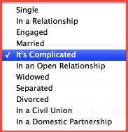 Facebook status dropdown with “it’s complicated” selected