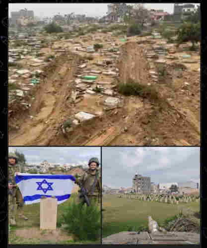 Israeli soldiers holding their flag over the grave of a Jewish soldier from WW1 in Gaza, while they destroyed Palestinian cemetery in northern Gaza only days after occupation.