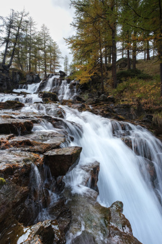 A cascading waterfall in a forest with autumn-colored trees.