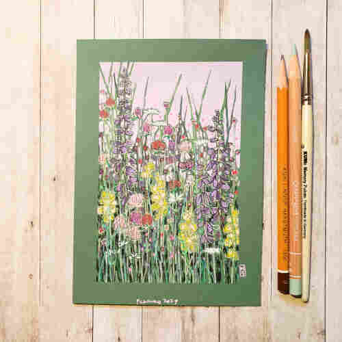 Original drawing - Colourful Flower Bed
A drawing of a flowerbed, filled with flowers in purples, pinks, red and yellow. 
Materials: colour pencil, mixed media, green pastel paper
Width: 5 inches
Height: 7 inches