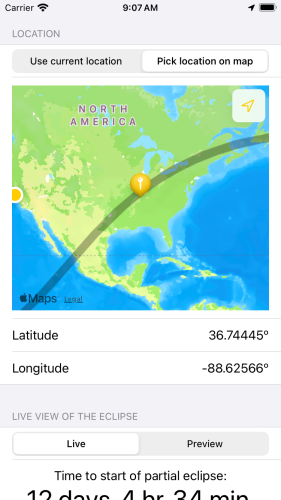 A screenshot of the eclipse app showing a map of North America and the eclipse path.