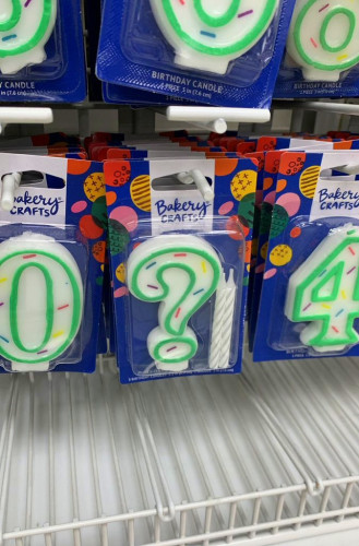 Display of birthday cake candles, with all the numbers and, this one, a question mark 