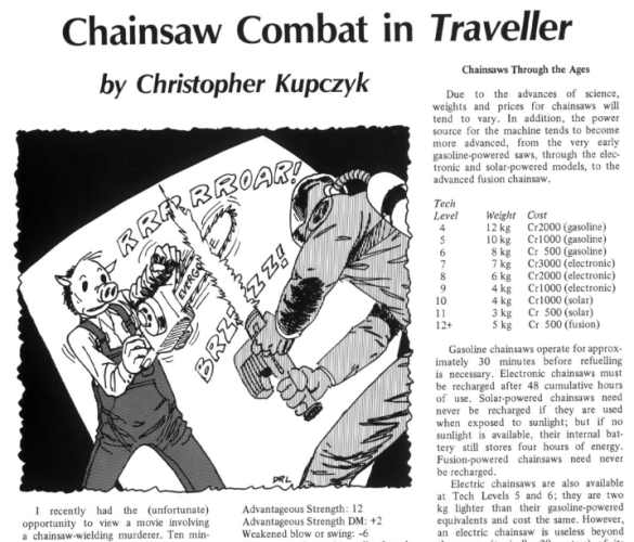 Scan of a Space Gamer article called "Chainsaw Combat in Traveller". Cartoon of a man in a pig mask wielding a chain saw fighting a spacesuit-clad guy with a energy sword.