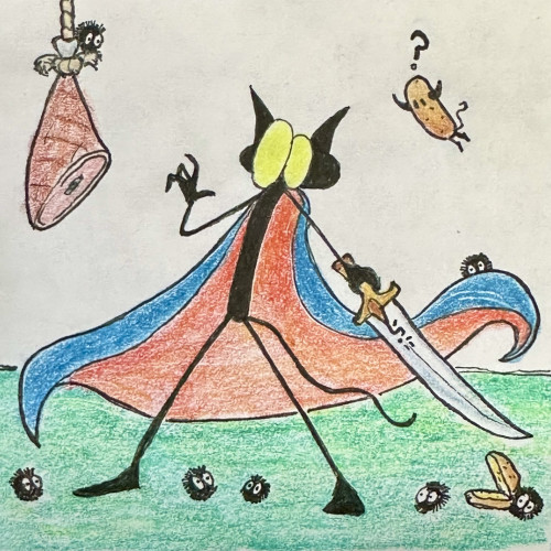Drawing of a little gremlin wearing a cape and dramatically swinging a blade in front of a ham

Zeichnung eines kleinen Gremlin, der einen Umhang trägt und dramatisch eine Klinge vor einem Schinken schwingt