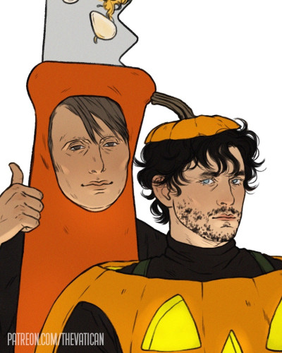 Still image. Cartoon rendering of characters from Hannibal (2013), Hugh Dancy as Will Graham wearing a black leotard and enormous pumpkin costume, complete with a gourd-stem yarmulke, Mads Mikkelsen as Dr. Hannibal Lecter wearing a costume of the iconic dangerously dull orange-handled "knife" from every kids' pumpkin carving kit, including pumpkin guts and seeds on the blade. 