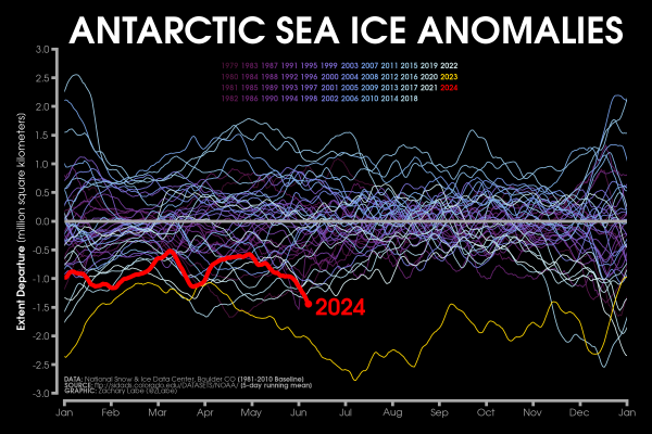 Line graph time series of 2024s daily Antarctic sea ice extent anomalies in red shading compared to each year from 1979 to 2022 using shades of purple to white for each line. Anomalies are computed relative to a 1981-2010 baseline. 2023 is the record low for most days, which is shown in yellow. There is substantial interannual and daily variability. There are no clear long-term trends.