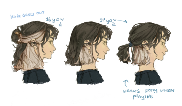 three digital sketches of different hairstyle variants for a character