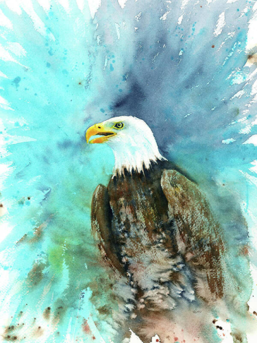 American Bald Eagle portrait is a watercolor painting in landscape format painted by the artist Karen Kaspar. It shows the head and upper body of a bald eagle sitting and looking to the right. While the background and the plumage of the bird of prey are depicted in an abstract way with loose expressive brushstrokes, the head is painted in a more detailed and realistic way. The white feathers of the head and the strong yellow-orange beak stand out clearly against the background in various shades of blue from turquoise to indigo and the dark brown feathers of the body and are emphasised by this colour contrast and light-dark contrast.