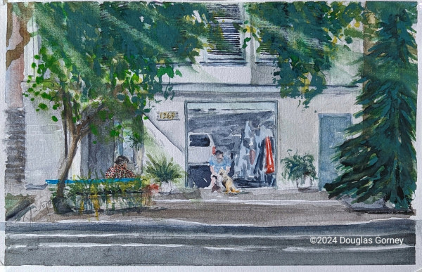 A watercolor painting shows the back of a man in a plaid shirt, sitting on a bench in front of his house. The door of the garage is open, and inside are, in addition to a parked truck and lots of possessions, some friends, and a dog. Outside the house, sunbeams filter through lush green trees on the sidewalk.
