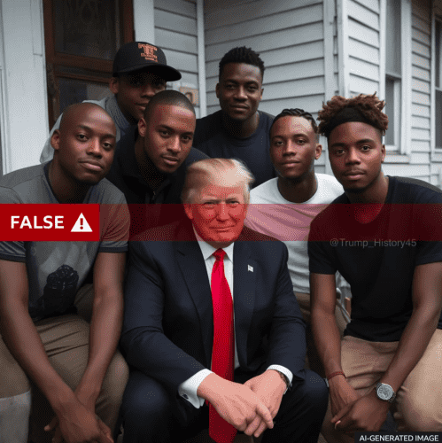 AI generated image of a very air brushed looking Trump sitting on a stoop with a bunch of young black guys who don't exist. 

