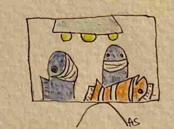Childlike drawing of two striped fish-like figures under a line with yellow spots, possibly representing lights. Two blue fish wearing masks are standing around an operating table, while the third, with orange and white stripes, is lying there. 