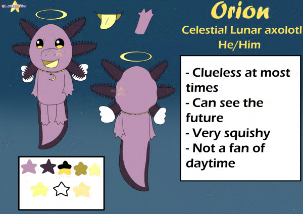 A reference sheet of a purple axolotl, has a yellow angel halo and white wings. Wears a golden necklace with crescent. Has yellow mouth/tongue. His mouth/tongue and hand samples and color palette also shown.

Text:
Orion
Celestial Lunar axolotl
He/Him

- Clueless at most times
- Can see the future
- Very squishy
- Not a fan of daytime