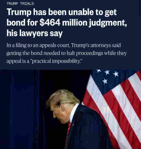 Headline Trump has been unable to get bond for $464 million judgment, his lawyers say
In a filing to an appeals court, Trump's attorneys said getting the bond needed to halt proceedings while they appeal is a "practical impossibility."

Honestly the E Jean Carroll tower would have good shopping 