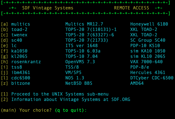 A menu of several vintage remote systems operated by SDF.ORG
