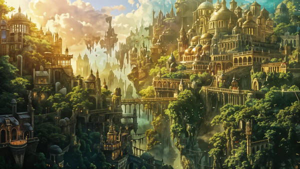 A fantastical and wondrous cityscape with grand architecture seamlessly blending into lush greenery. The scene is bathed in golden sunlight, creating a warm and enchanting atmosphere. Towers, domes, and bridges are intricately designed, giving a sense of awe and grandeur. Floating islands in the background add an element of magic and mystery to the scene. The overall vibe is one of beauty and wonder, evoking a sense of adventure and exploration in a mythical world.