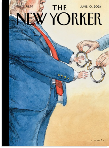 New Yorker cartoon of Trump putting his tiny hands into large handcuffs 
