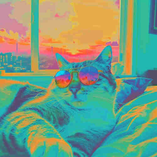 A vibrant and colorfully altered photo of a cat wearing sunglasses. The cat is lying down, and the sunglasses reflect a scene that isn’t visible in the rest of the photo, suggesting a cool demeanor. The colors are heavily saturated in neon hues, giving the image a psychedelic or dreamlike quality. The background features a window through which a sunset or sunrise can be seen, with the sky depicted in shades of pink, yellow, and turquoise. This playful image gives the cat a laid-back, almost human-like personality.
