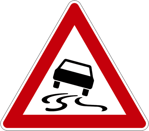 a road sign showing a swerving car, warning of risks when steering. Usually used on roads that have a tendency to be wet or frozen in poor weather, or are tilted so cars may tip over more easily when turning, etc.