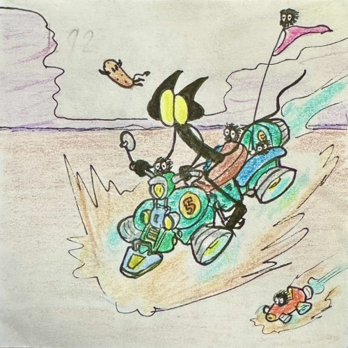 Drawing of a little gremlin racing a hoverbike across the desert 