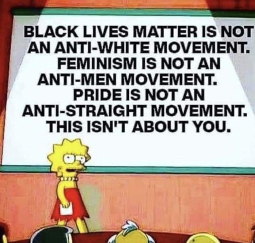 Black Lives Matter is not an anti-white movement.
Feminism is not an anti-men movement.
Pride is not an anti-straight movement.
This isn't about you.