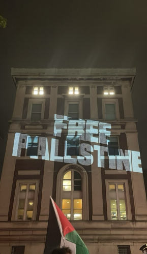 Light projection on Columbia University’s Hamilton Hall tonight. Words say FREE PALESTINE 