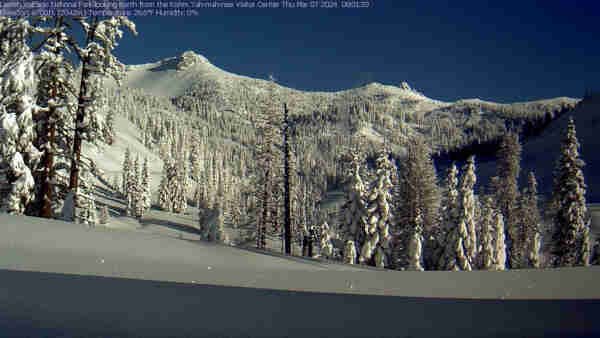 Beautiful morning light on Lassen Volcanic National Park in this National Park Service web camera view. Blue sky above and sparkles in the snow in the foreground while snow-covered trees march up the hills towards the distant mountains.