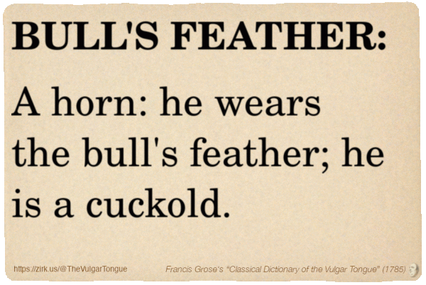 Image imitating a page from an old document, text (as in main toot):

BULL'S FEATHER. A horn: he wears the bull's feather; he is a cuckold.

A selection from Francis Grose’s “Dictionary Of The Vulgar Tongue” (1785)