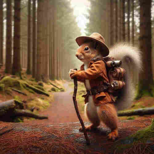Picture a squirrel dressed in a fawn coloured, wide brimmed hat & a light brown hiking style jacket . He has a backpack & a thin branch as a walking stick.
He stands on a woodland trail facing to the left. Sunlight is breaking thru the gap in the trees above the path.

Credit: AI generated by @PlaystationPixy@mindly.social