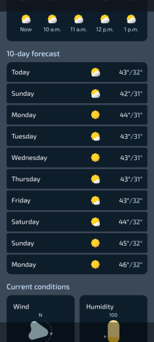 Weather forecast with week of 43c highs and 31C lows.