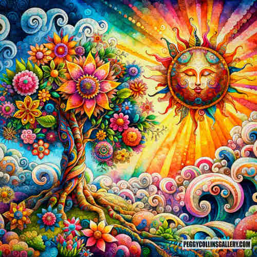 Colorful whimsical artwork of a tree of life in flower, with a sun shining down upon a hillwide of flowers, by artist Peggy Collins.