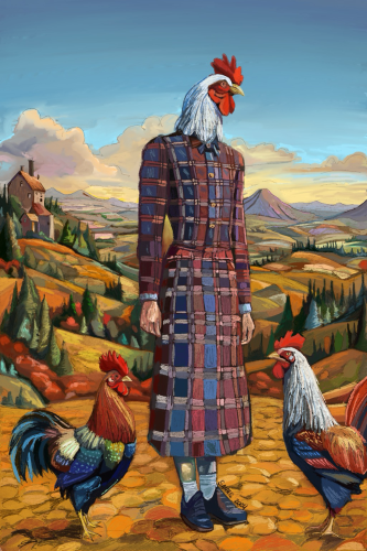 A chicken headed figure in a plaid dress stands with two roosters on a cobblestone path. Behind them is a rolling landscape. 