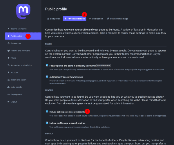 Screenshot of the Mastodon 'Edit profile' page in settings. Step 1: section 'Public profile', 2: select tab 'Privacy and reach', 3: tick 'Include public posts in search results'